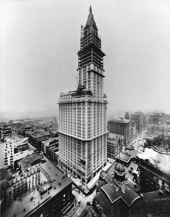 The Woolworth Building, pictured here on July 1, 1912, near its completion, was the world's tallest office building at the time. The design process alone took 10 months and myriad sketches, as the building evolved from a non-descript, 20-story structure to a 792-foot Gothic tower. Photo courtesy of Atlantic Terra Cotta Co.